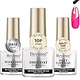 Bevimee Base and Top Coat Nail Polish Set, Quick Dry, 3Pcs No Wipe Shiny/Matte Top Coat for Fingernail Non Gel Air Dry Fast Clear Nail Polish No Chip Long Lasting Nail Protective DIY at Home