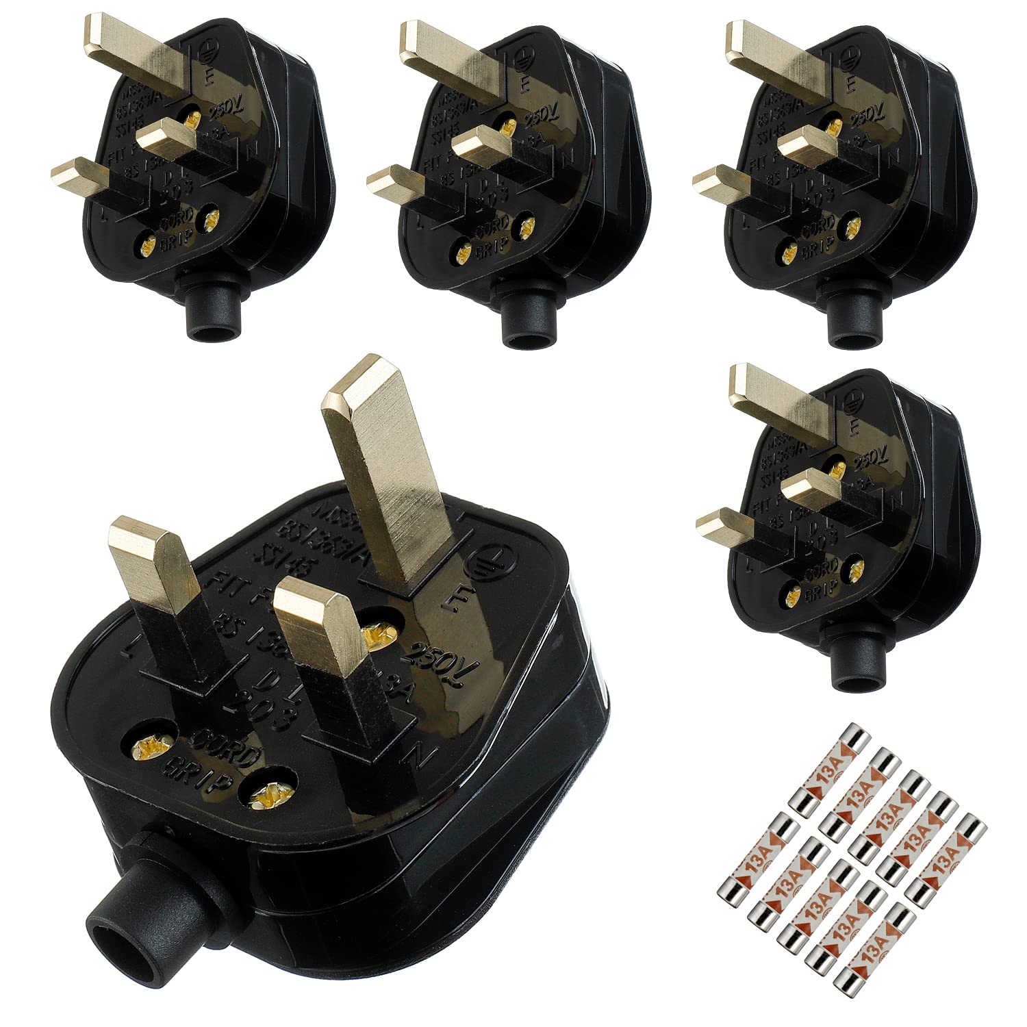 HUAREW 13A Fused Mains Plug With Cord Grip For UK Fuses Black ( Pack of 5 pcs)