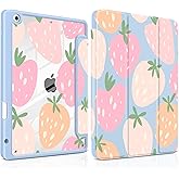 MEEgoodo Case for iPad 10.2 inch,Tablet Cases for iPad 9th Generation 2021/8th Gen 2020/7th Gen 2019 with Clear Acrylic Back Shell+Pencil Holder+Auto Wake/Sleep+Trifold Stand,Cute Drawn Strawberries