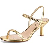 SLXCHBSL Women's Heels Round Open Toe Strappy Sandals Adjustable Ankle Strap Dress Shoes Kitten Heels for Party Wedding