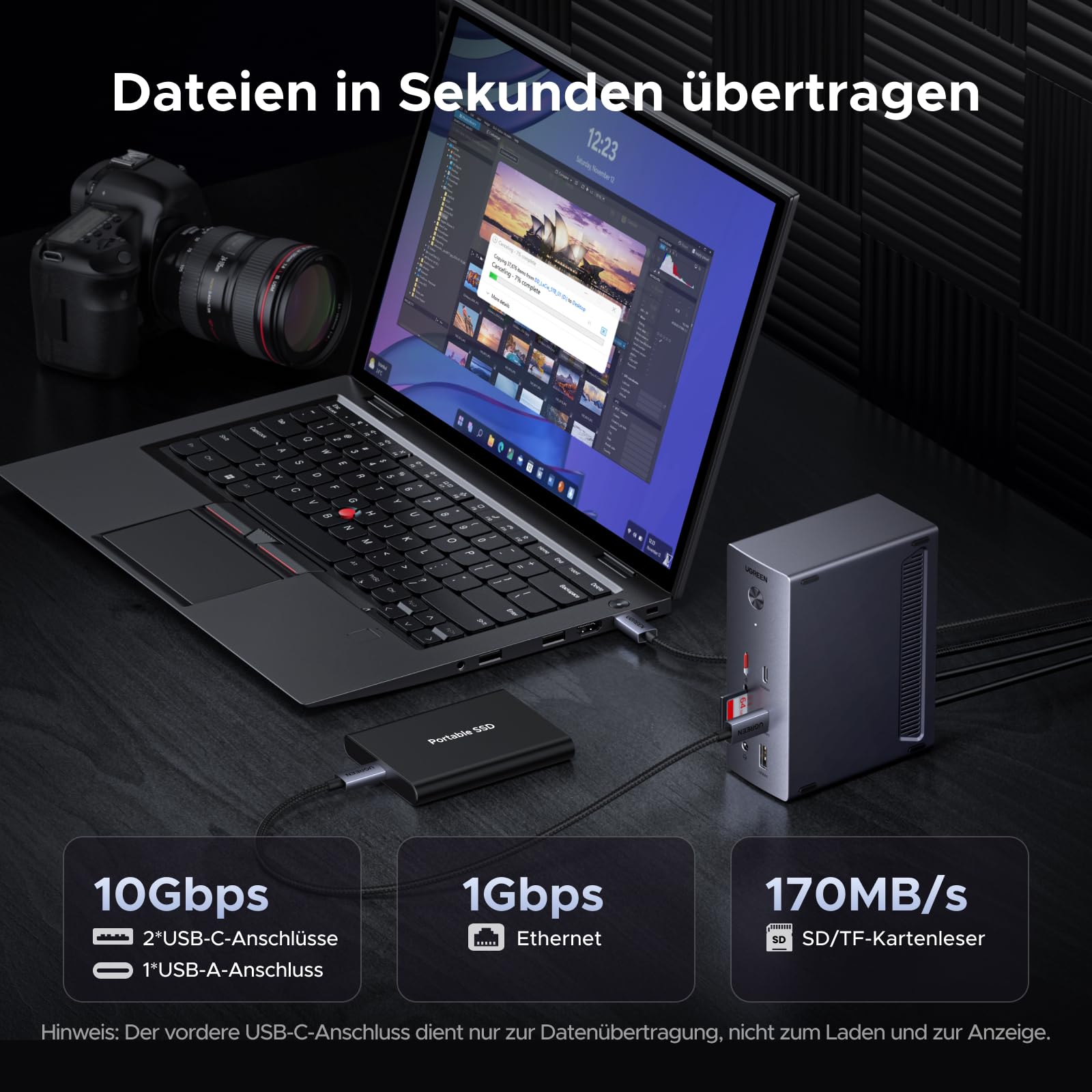 UGREEN Revodok Pro 314 Docking Station 3 Monitore 2HDMI & DP mit 8K DP/4K HDMI, 100W max. Aufladen für Laotop, 27W USB C, 10Gbps USB, Gigabit LAN, SD/TF 170MB/s [inkl. 140W Netzteil, 1m Kabel] 5