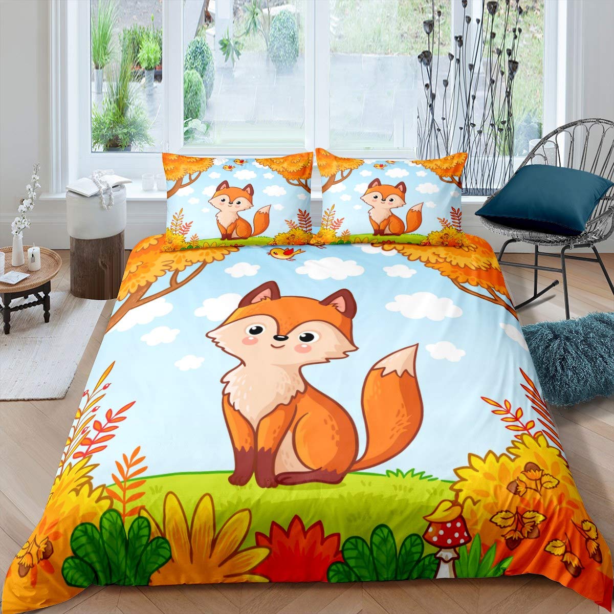 Kids Fox Duvet Cover Girls Cartoon Fox Print Bedding Set Lovely Animal Theme Comforter Cover for Children Yellow Tree Autumn Nature Decor Bedspread Cover Single With 1 Pillow Case — image 1