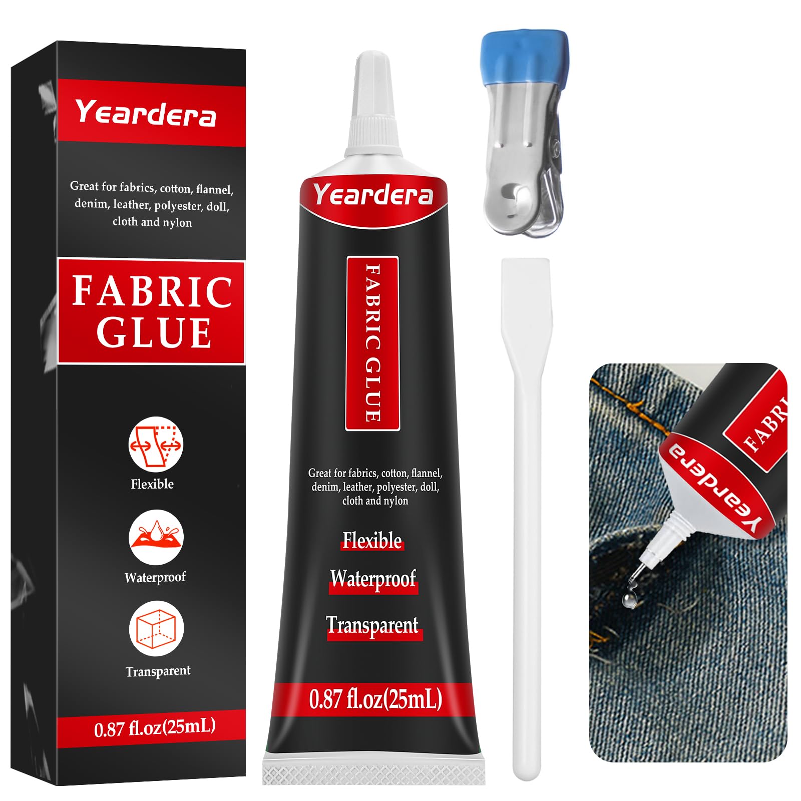 Photo 1 of Yeardera Fabric Glue, Permanent, Clear, Washable Adhesive for Clothing, Patches, Leather, Cotton, Denim, Polyester, Flannel, and All Fabrics (Fabric Glue 25ml)