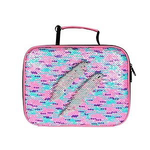 Sequin Lunch Boxes For Girls Insulated Reusable Lunch Bag for Kids (RainbowPink)