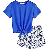 Arshiner Girls 2 Piece Outfits Summer Clothes Short Sleeve Tops and Paperbag Waist Shorts Set Cute Outfits 5-14