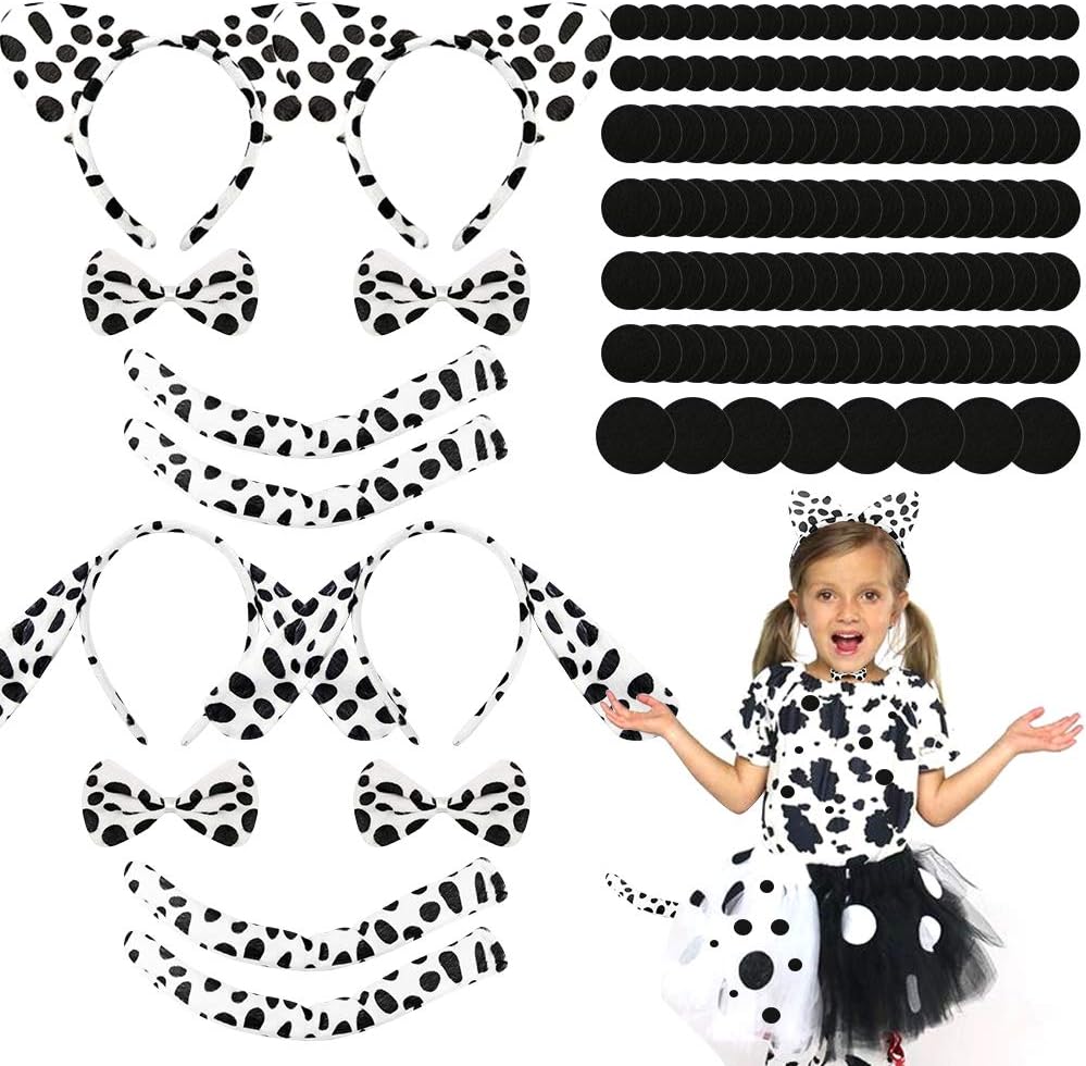 HANGNUO 4 Set Dalmatian Costume Set with Dog Ear Heandbands, Bow Tie, Tail and Black Adhesive Felt Circles for Kids and Adults Party Costume