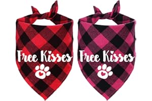 STMK 2 Pack Valentine's Day Plaid Dog Bandana, Free Kisses Plaid Dog Puppy Bandana Triangle Scarf for Dog Puppy Valentine's Day Wedding Holiday Party Supplies