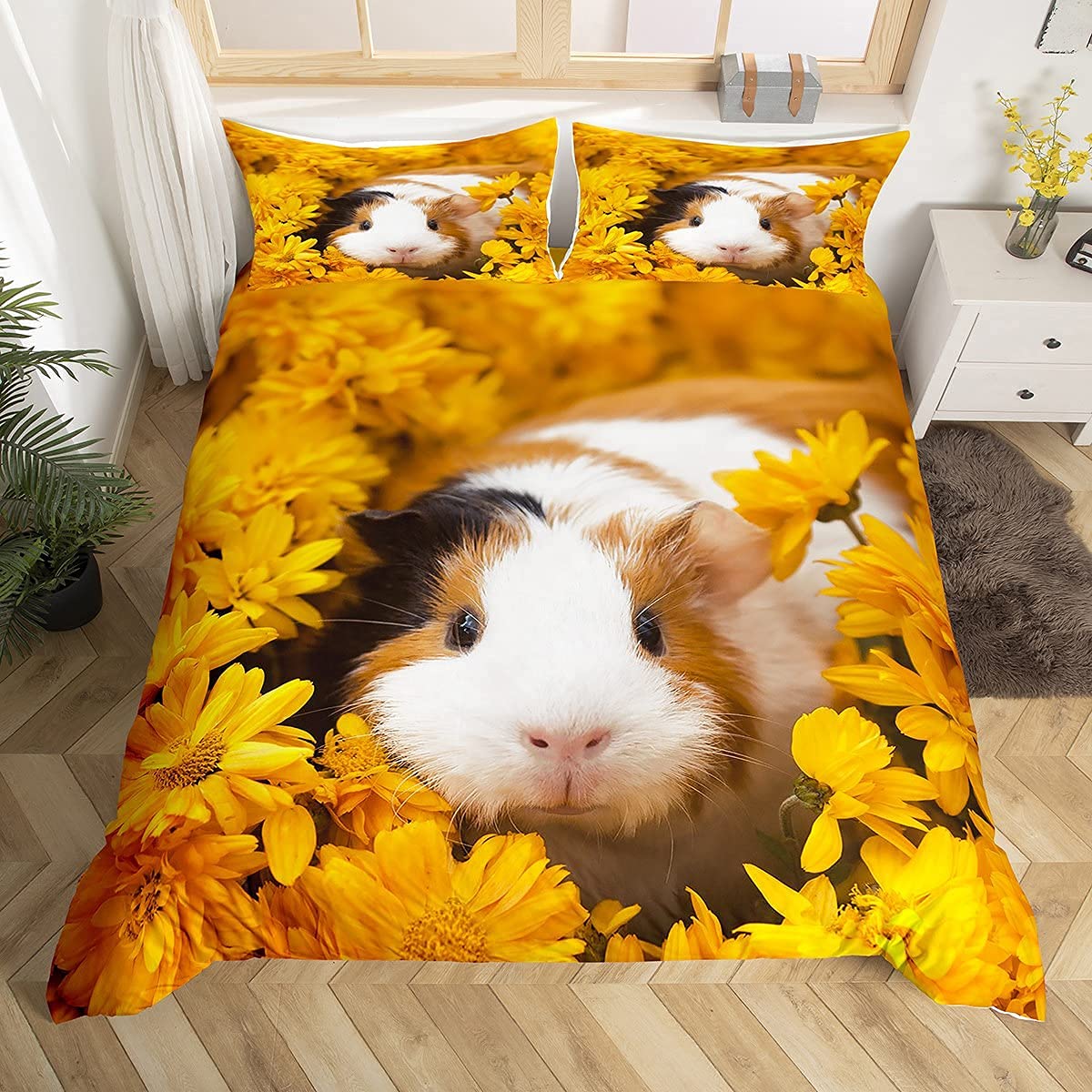 Kids Guinea Pig Comforter Cover Sunflower Bedding Set for Children Boys Girls Cute Cavy Blossom Flowers Duvet Cover Botanical Branches Animal Bedspread Room Decor 2Pcs Single Size,Zipper — image 1