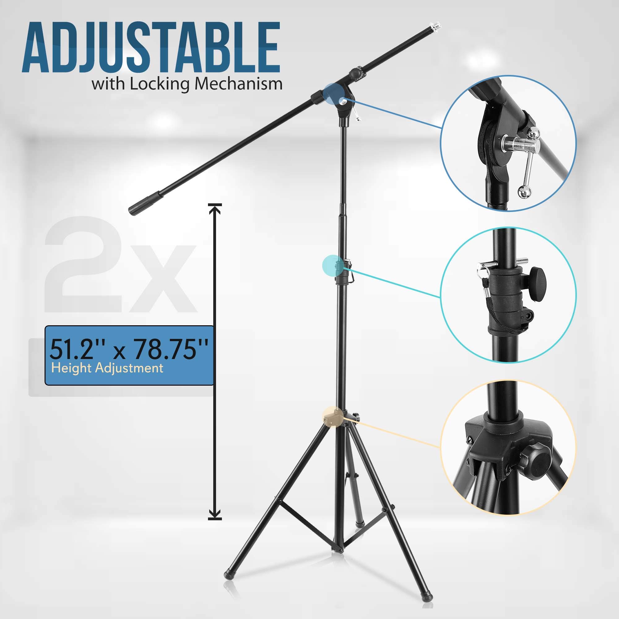 Pyle Adjustable Tripod Microphone Boom Stand - Pair of Universal Heavy Duty Lightweight Professional Compact Stage Studio Floor Standing Boom Mic Tripod Holder w/ Standard 5/8