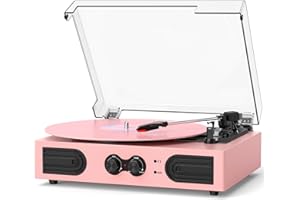 TANLANIN Vinyl Record Player with Built-in Stereo Speakers, Vintage 3-Speed Turntable, Bass/Treble Control, Headphone Jack, RCA/AUX Outputs, Belt-Driven LP Player, Pink