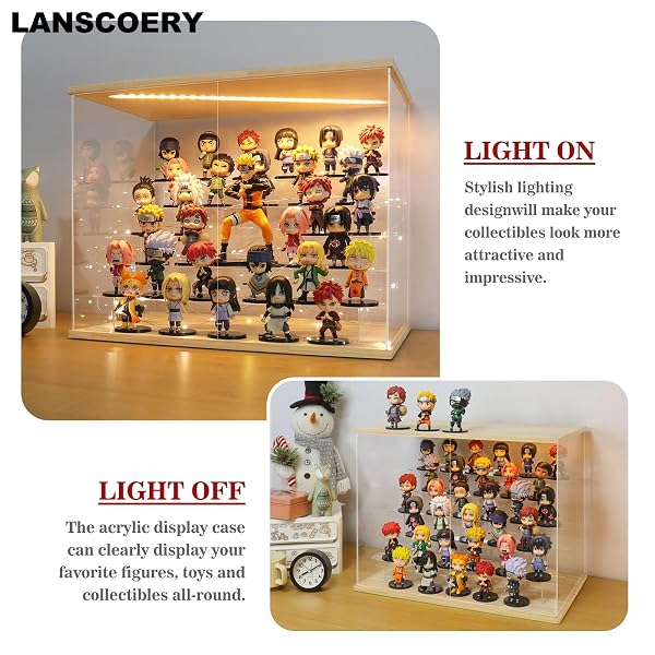 LANSCOERY LED LIGHTED ACRYLIC DISPLAY CASE, 6 TIER DISPLAY BOX FOR COLLECTIBLES AND ACTION FIGURES, CLEAR DUSTPROOF ORGANIZER WITH WOODEN BASE – 22.8X11.9X14.7INCH
