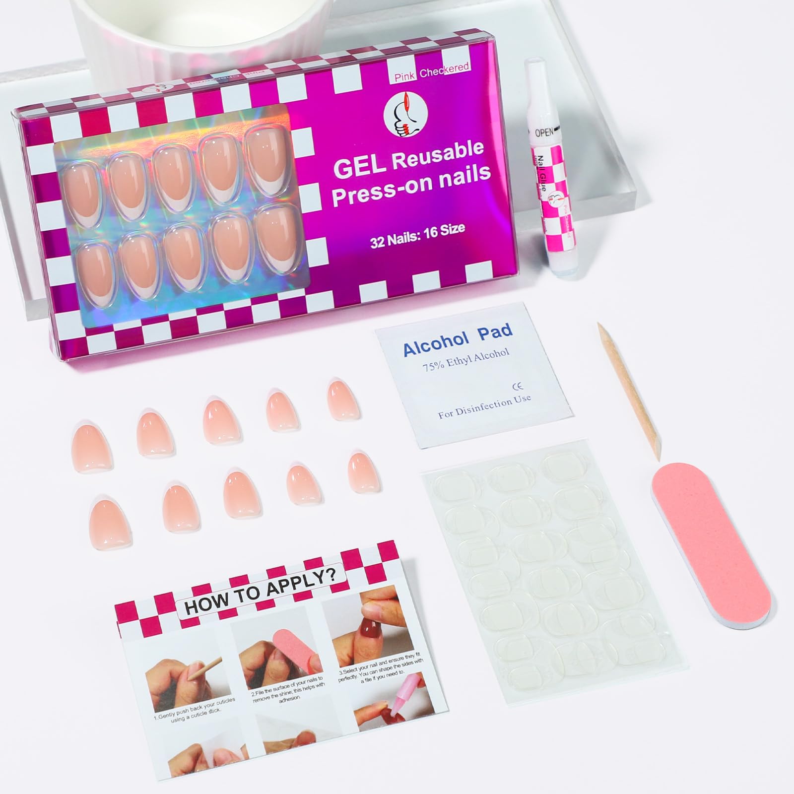 French Almond Gel Press On Nails Short 16 Sizes Fake Nails Glossy 32pcs, Nail Glue Included - Image 4