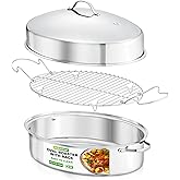 Oval Roasting Pan with Rack and Lid 20" - Premium Stainless Steel Roaster Dish w/ Wide Handles & Removable Rack, Multi-Use Co