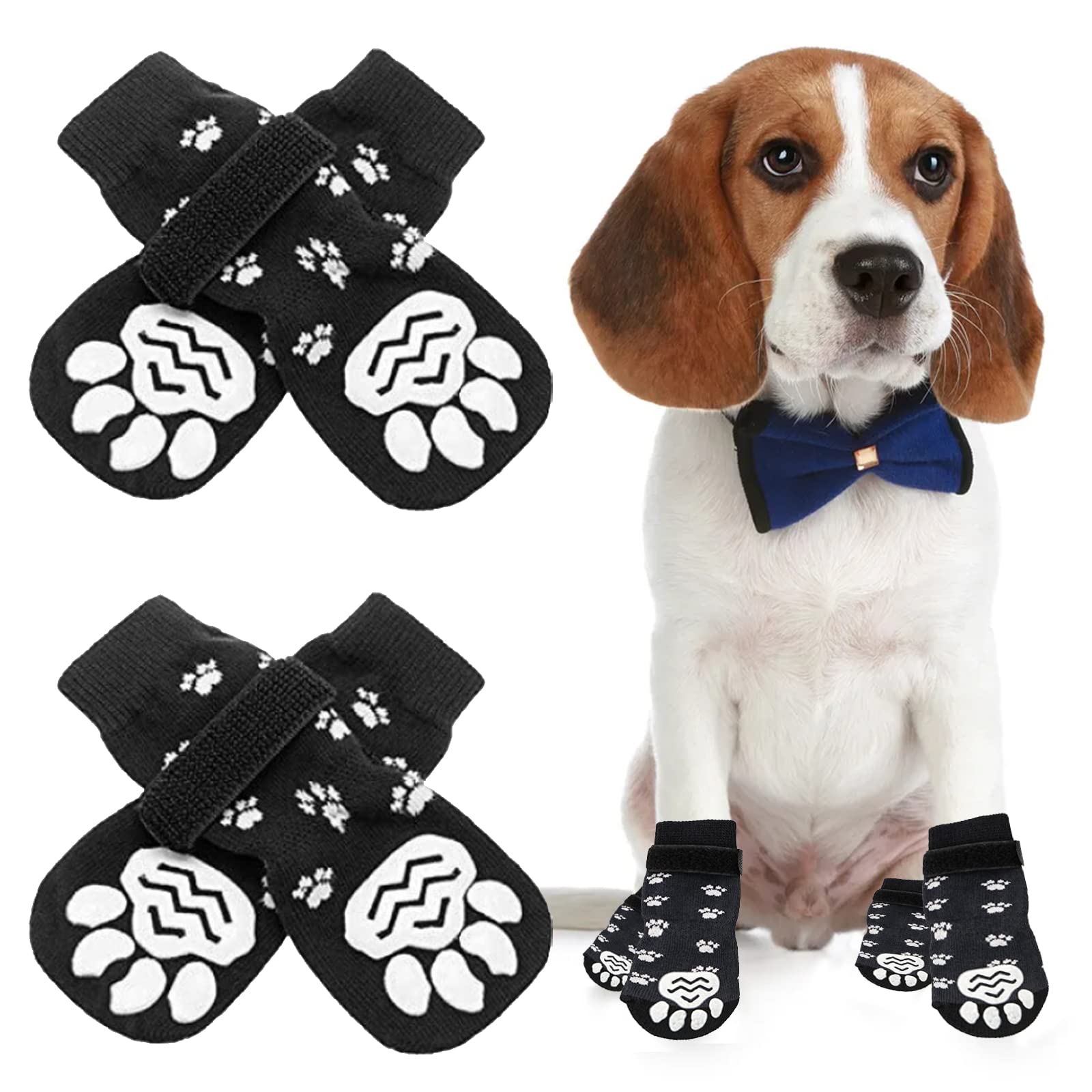 Dog Socks, 2 Pairs Anti Slip Dog Socks Paws Stop Licking Adjustable Pet Cats Dog Paw Protector Black Dog Shoes Boots for Indoor Outdoor Walking Small Medium Large Dogs (Small)