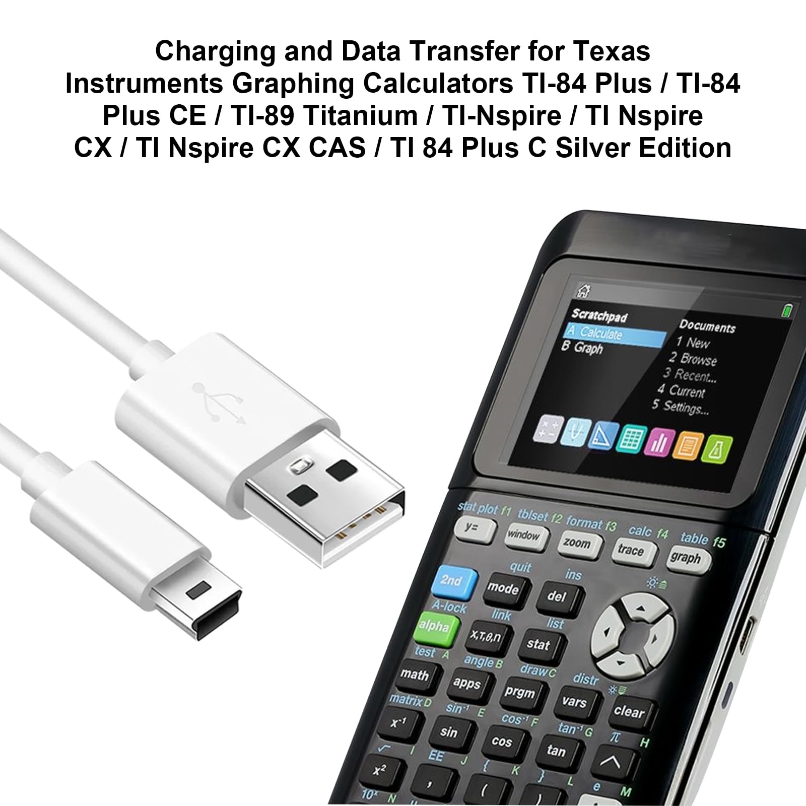 (2 Pack) Mini USB Charger and Data Cable for Texas Instruments Calculators TI-84 Plus CE Graphing Calculator, TI-Nspire CX/CX CAS, TI-84 Plus CE Color/C Silver, TI 89 Titanium (White)
