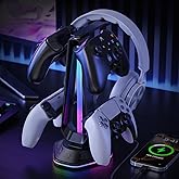 Gaming Headphones Stand with 12 Light Modes - Controller Holder for Desk, RGB Gaming Headset Stand with 2 USB Charging Ports - Supports Data Transfer, Earphone Hanger Accessories for Desktop Gamer