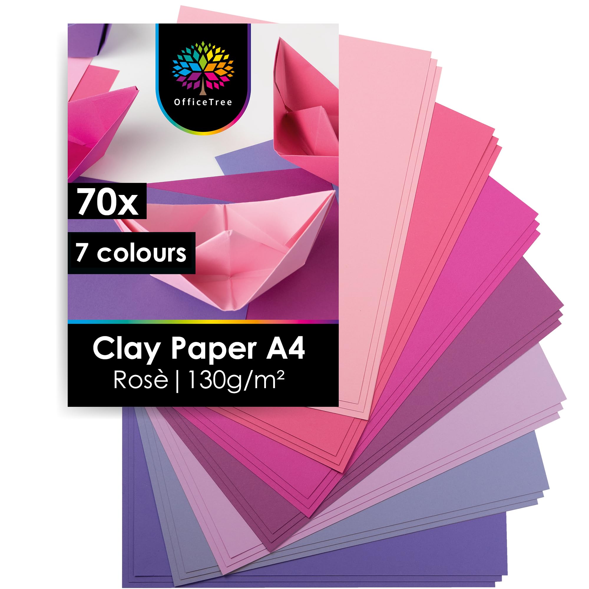 OfficeTree 70 x Pink colour Paper A4 - 7 Colours - 130 g/m² - Crafting Set for Children's Coloured Card