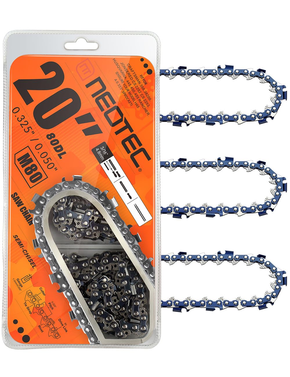 NEO-TEC 20 Inch Chainsaw Chain 0.325" Pitch, 0.050" Gauge, 80 Drive Links Fits 445, 450, 460 RANCHER and More - M80 (3 Chains) Image