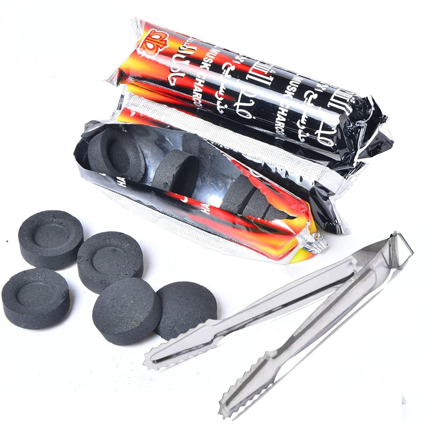 VOVCIG Charcoal Tablets Set Diameter 33 mm with Tongs Smoked Charcoal Quick Ignition Rolls 20 Pieces (2 Rolls)