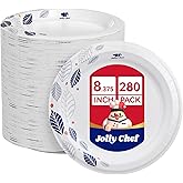 JOLLY CHEF 280 Count Paper Plates 8 inch Soak Proof, Cut Proof, Heavy Duty Leaf Printed Disposable Paper Plates for Everyday Use