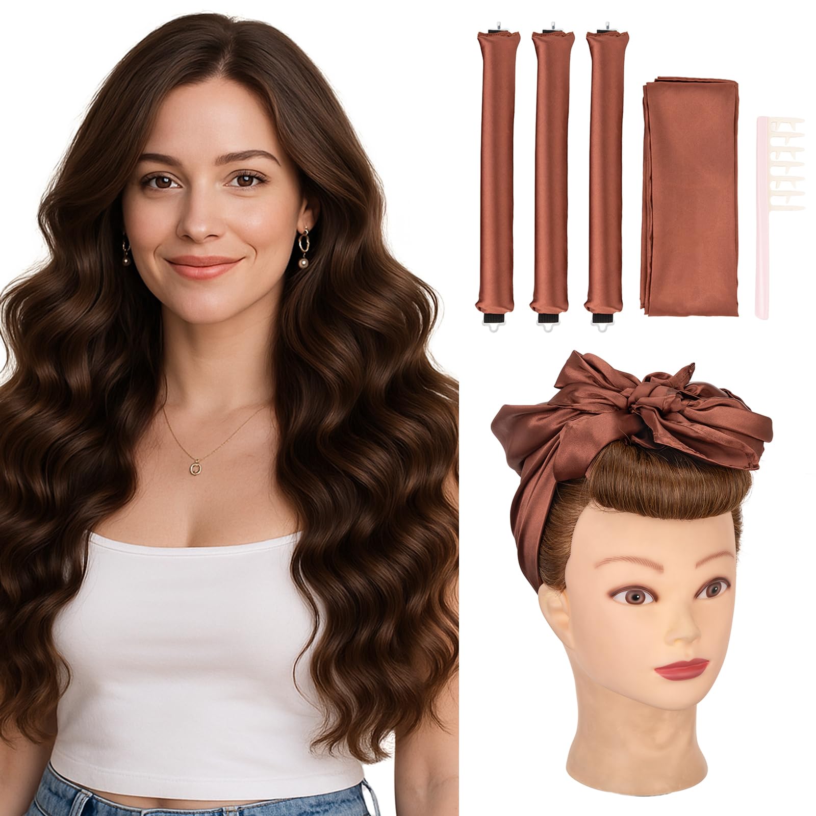 Photo 1 of Hairro Heatless Hair Curler Set, 5-in-1 No Heat Overnight Curling Kit for Long Hair, 3 Pack Jumbo Flexi Rods with Satin Scarf & Detangling Comb, Styling Rollers for Easy Waves, Coffee Brown