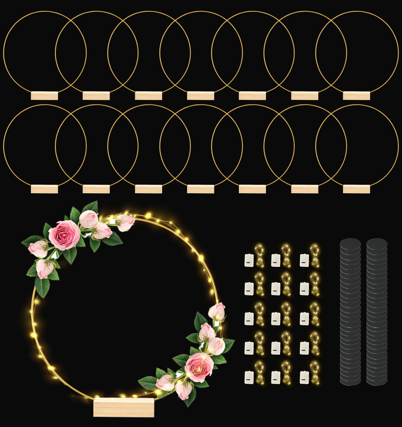 Photo 1 of 12 Inch 15 Sets Metal Floral Hoop Centerpiece with Wood Stands and LED Fairy Lights, Gold Metal Rings for Christmas Party Dream Catcher Wedding Table Wreath Decor, Wall Hanging Wreaths