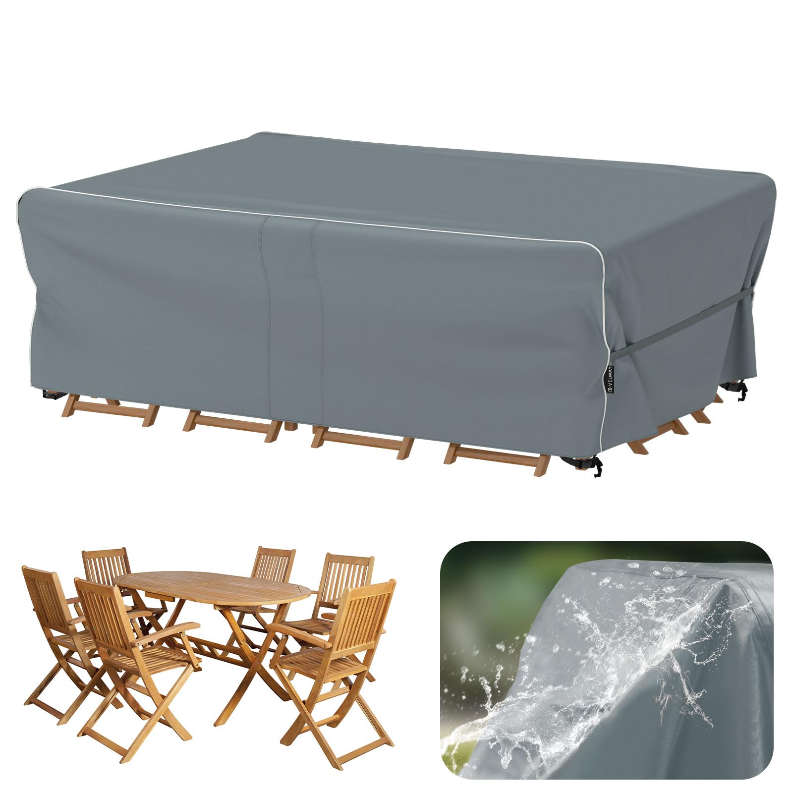 Velway Garden Furniture Covers Waterproof - 200x160x74cm Outdoor Table Cover Tear-Resistant with Reflective Strip Air Vent 600D Anti-UV Windproof for Outside Patio Table and Chair Rattan Sofa - Grey