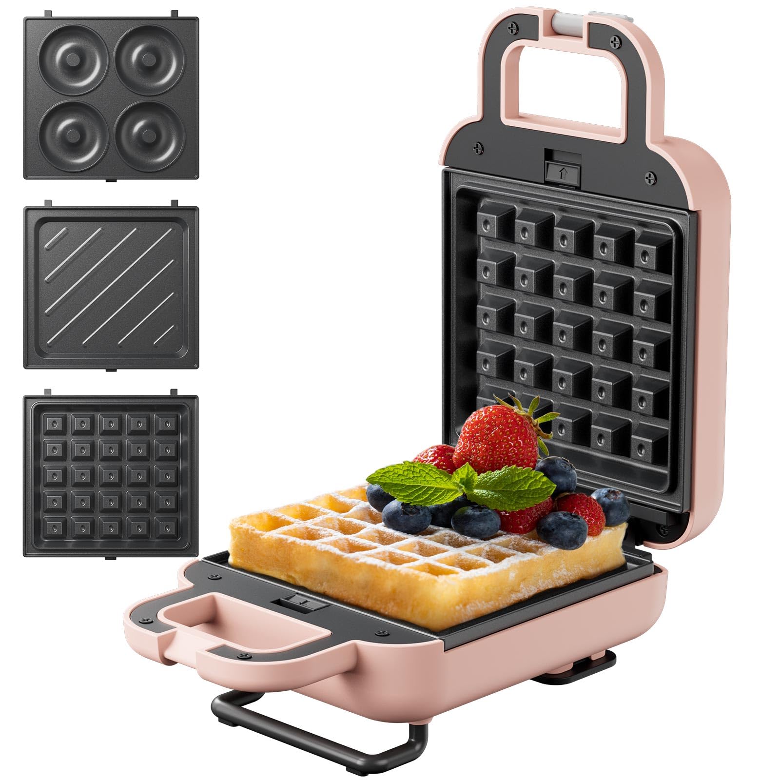 Photo 1 of LIVEN - Mini Waffle Maker with 3 Shapes Removable Plates (Electric, Non-Stick), Small Chaffles Iron, Breakfast Machine for Belgian, Fried Donut, Hash Browns, Kids Individual Home (Pink)