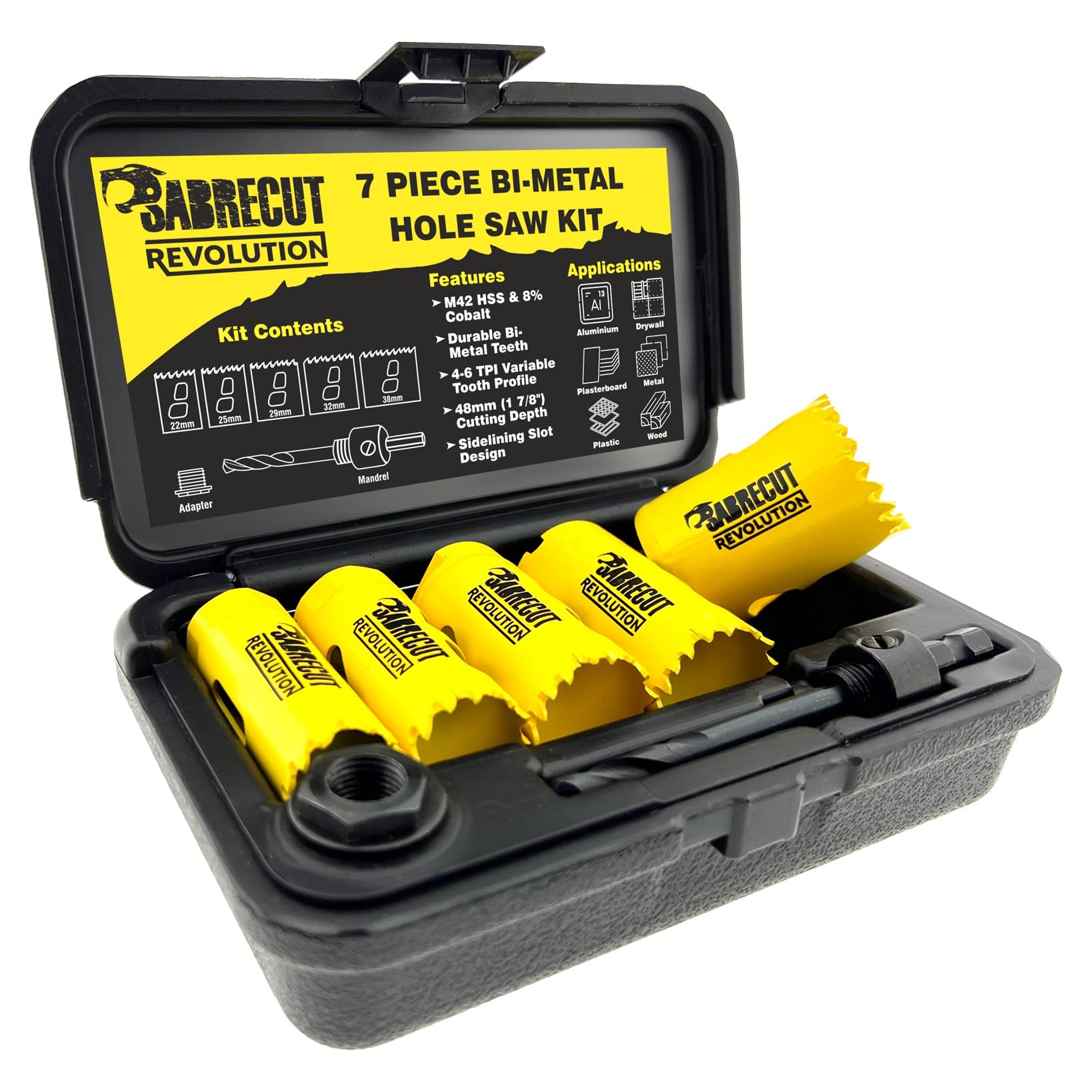 7 x SabreCut HS42MK007 22mm 25mm 29mm 32mm 38mm High Performance Bi-Metal M42 HSS Steel & Cobalt Progressive Tooth Profile Hole Saw Kit with Mandrel, Adapter & Storage Box for Metal Plastic & Wood