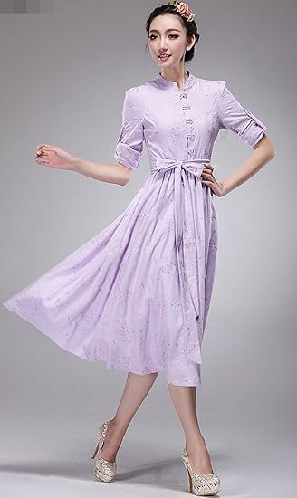 Amazon Co Jp コアバス Coavas ロングワンピース レディース ガールズワンピース 七分袖ワンピース ライトパープル スタンドカラー カジュアル Ol風 デートや食事会などに エレガントな雰囲気 御洒落 リンネルの素材 大人 セレブ風 M 紫 ライトパープル Ll 紫