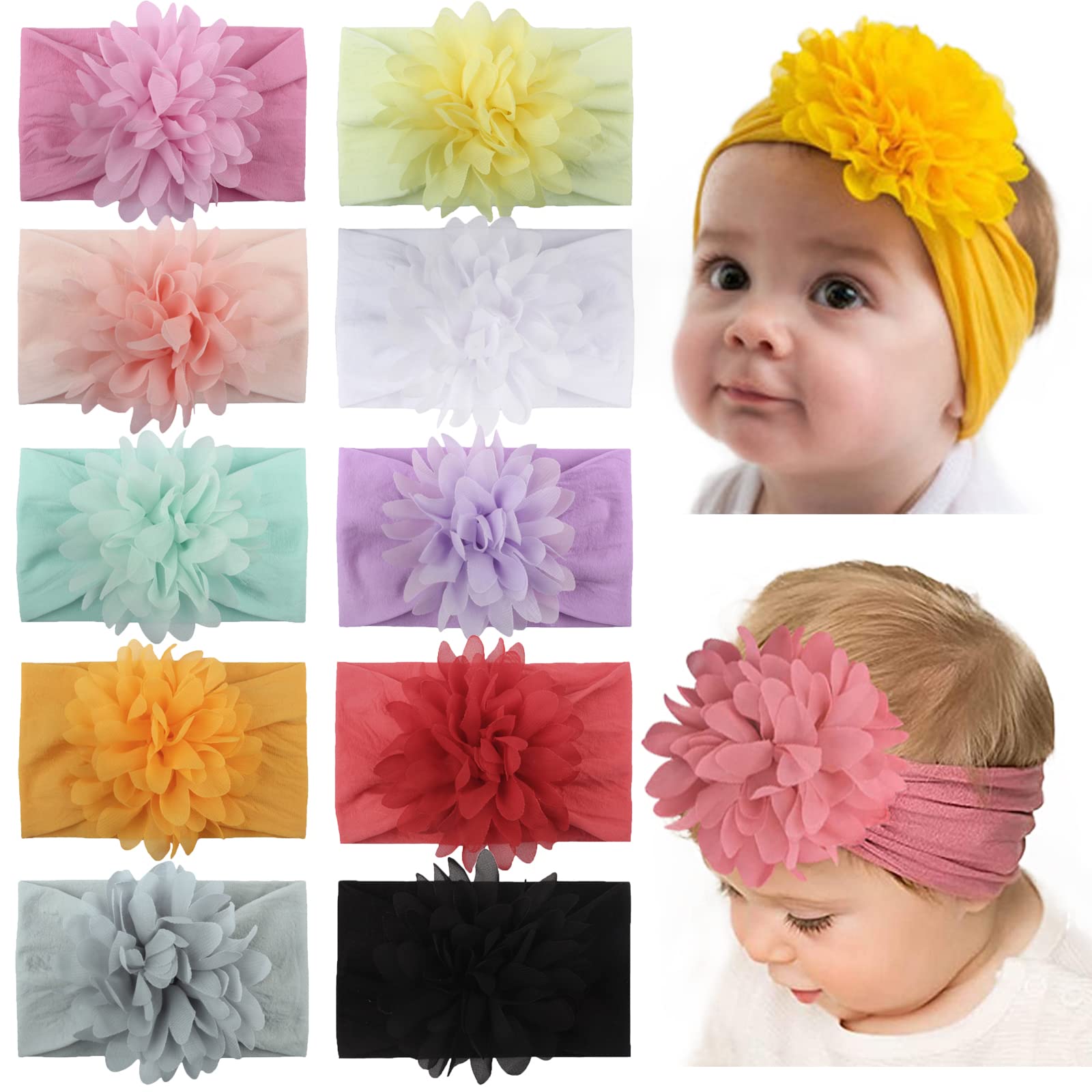 10pcs Baby Girls Nylon Headbands Flower Hair Bands Elastic Turban Hair Accessories for Infants Toddlers Newborn