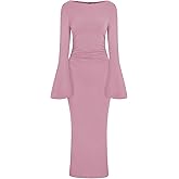 PRETTYGARDEN Maxi Dresses for Women Elegant Classy Spring Fall Long Bell Sleeve Ruched Bodycon Cocktail Party Slit Dress