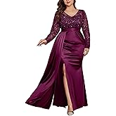MISSMAY Women's Plus Size Sequins Lace V Neck Long Ruched Satin Slit Mermaid Hem Formal Party Long Dress