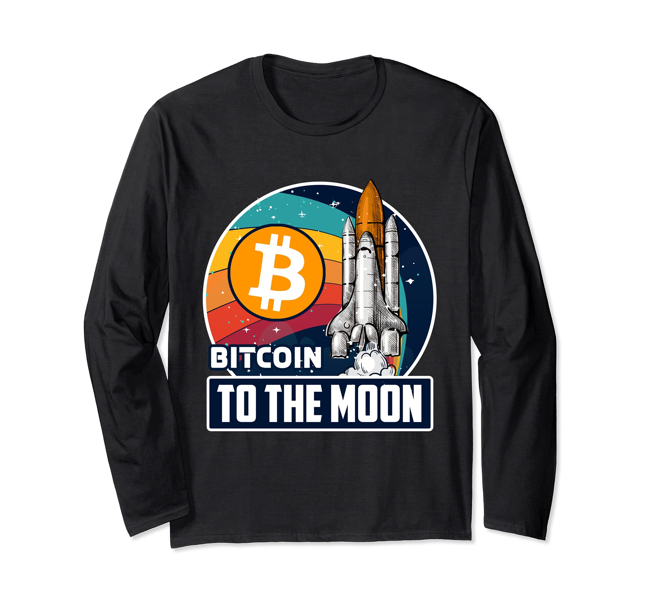 Bitcoin to the Moon, Digital Crypto, BTC, Retro Spaceship Long Sleeve T-Shirt — image 1