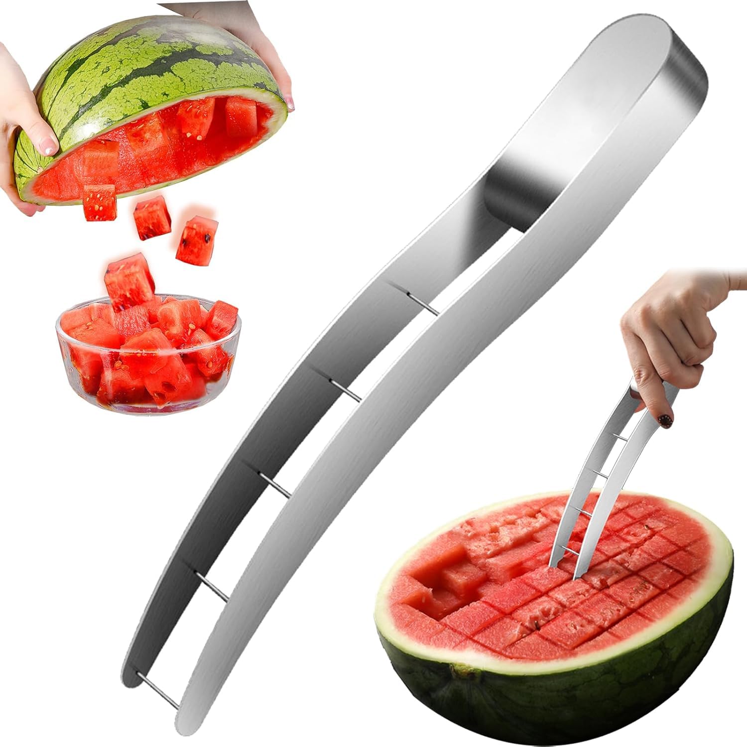 Norhogo Melonenschneider, Edelstahl-Wassermelonenschneider, Multifunktionales Küchengerät Melonen Würfel Wassermelonen Messer, ananasschneider, Obstschneider für Cantaloupe, Papaya, Drachenfrucht