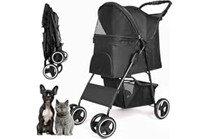 RULTYN Pet Dog Stroller, Four Wheels Cat Dog Stroller with Storage Basket, Handle 360° Front Wheel Rear Wheel with Brake for Small Medium Dogs Cats Travel Folding Carrier Stroller (Black)