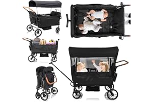 Voupou Stroller Wagon for 4 Kids Seated-Tandem Fold Stroller Push-Pull Lightweight Travel Trolley with 5-Point Harness,Adjustable Handle and Canopy,Mosquito Net,Footwells,Child Tray,Cup Holder,Storage