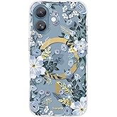 SCORPIFY for iPhone 17 Case [Compatible with MagSafe] with Blue Nemophila Floral Design, Cute Clear Flower Magnetic Phone Cover for Women Girls,[Non Yellowing] Slim Bumper with Gold Accents