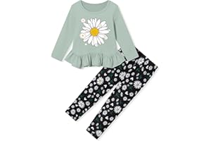 CARETOO Toddler Girl Clothes Girl 2pcs Fall Winter Outfit Ruffle Hem Top and Full-print Patterned Pants 2-7 Years