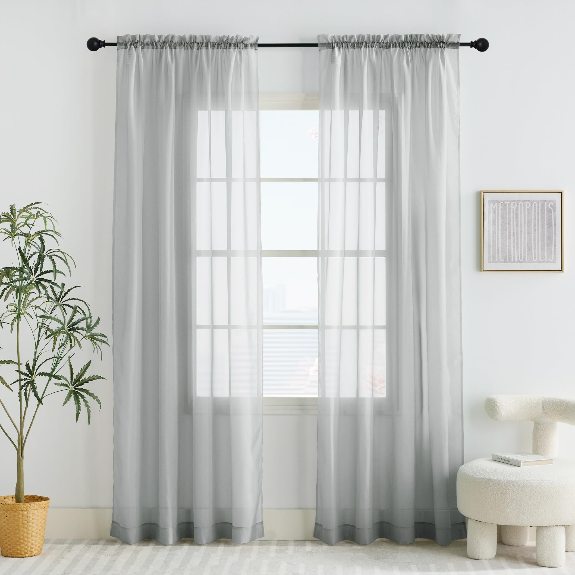 PONY DANCE Light Grey Voile Curtains 84 Drop Pair for Living Room/Bedroom - Window Net Curtains Semi Transparent Privacy Screen Woven Voile Dual Slot Top Voile Sheer Panels, Set of 2, 60 Inch Wide