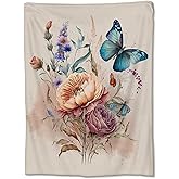 Flannel Butterfly Blanket for Girls Women, Floral Peony Throw Blanket for Sofa Couch Bed Living Room, Soft Warm Cozy, 60" x 50"