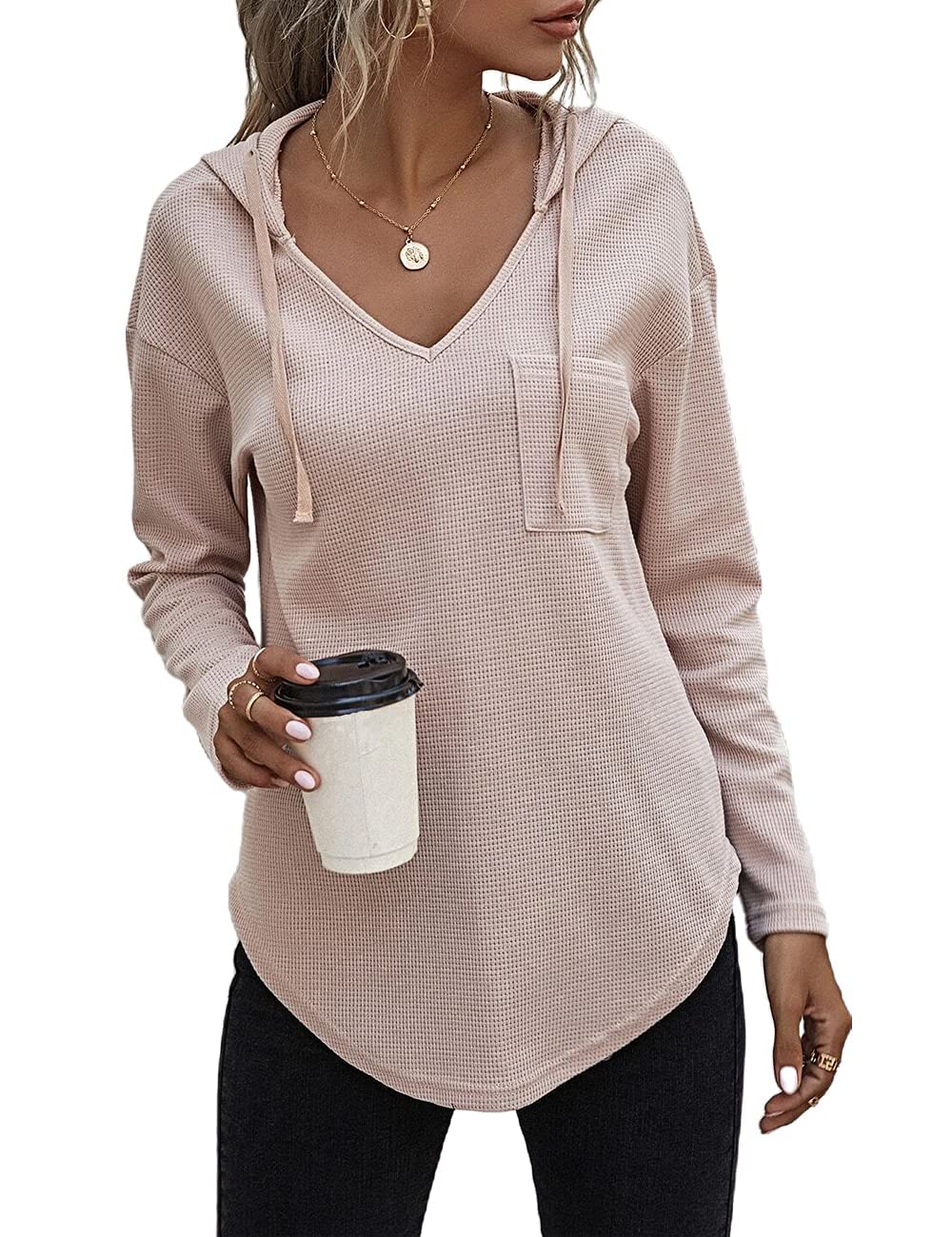 Hoodies For Women Uk Waffle V Neck With Drawstring Long Sleeve Sweatshirt Autumn Casual Women Tops With Pocket