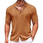 COOFANDY Mens Knit Button Down Shirts Crochet Polo Shirts Vintage Short Sleeve Textured Shirts Summer Beach Tops