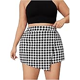 WDIRARA Women's Plus Size Plaid Checkered Skorts Elastic Waist Wrap Asymmetrical Skirt Shorts