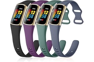 GEAK 4 Pack Slim Band Compatible with Fitbit Charge 5/Charge 6 Bands Women Men, Soft Silicone Sport Replacement Wristband for Fitbit Charge 5/Charge 6 Fitness Tracker, Black/Plum/Blue Gray/Pine Green