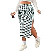 WDIRARA Women's Plus Size Checkered Ruched Midi Skirt High Waist Split Thigh Pencil Skirts