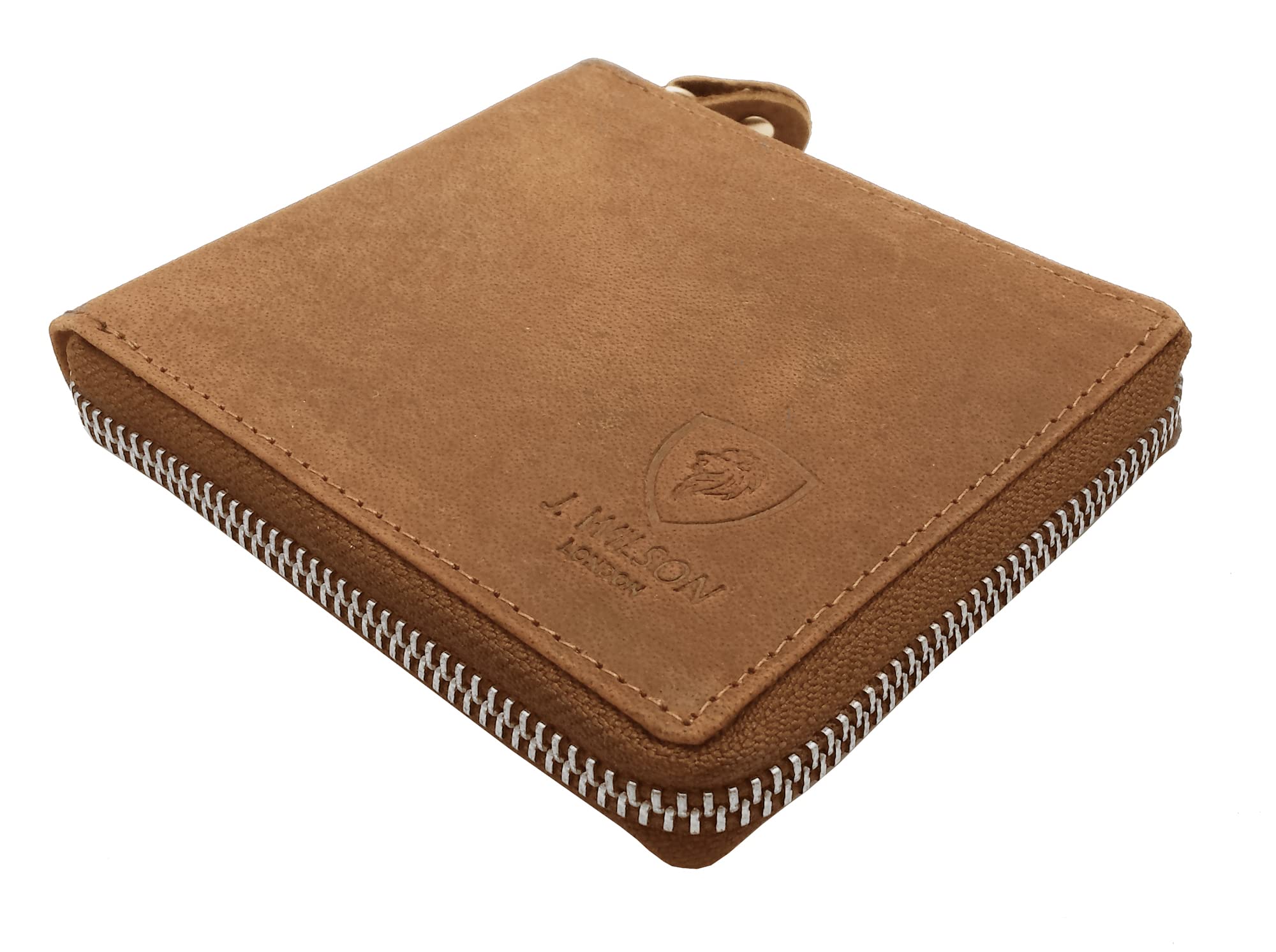 J. Wilson London RFID Blocking Protection Distressed Genuine Leather Mens ZipAround Wallet with Zip Coin Pocket Gift Boxed (Tan)