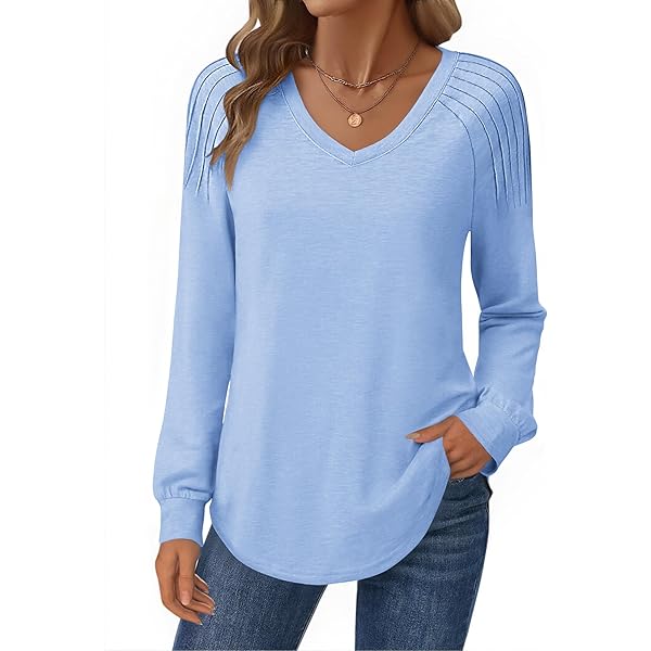 Women's V-Neck Long Puff Sleeve Blouse - Fall Tunic Top, Polyester Spandex, Loose Fit - View #7