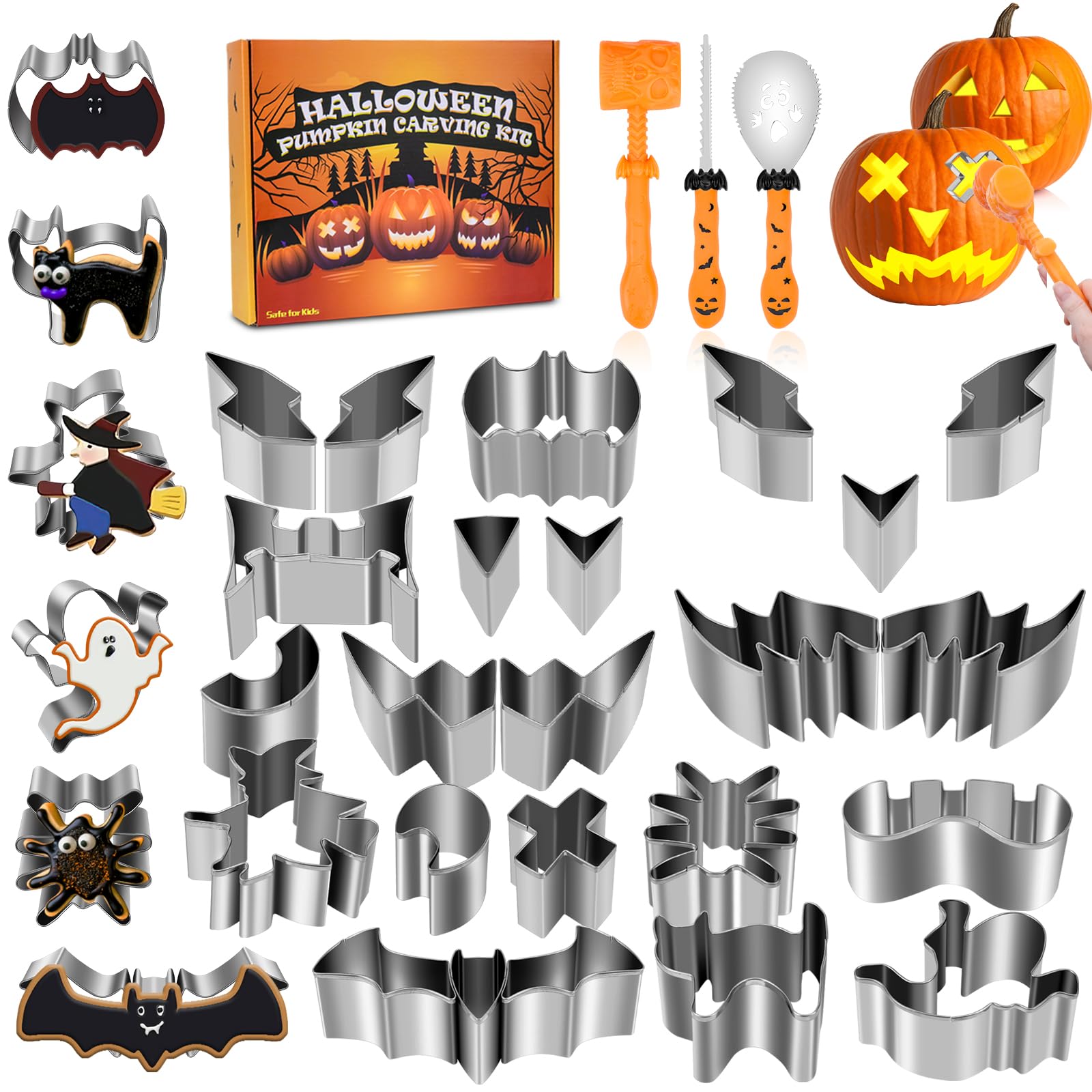 Multi-Use Stainless Steel Pumpkin Carving & Cookie Cutter Set | 24 PCS Halloween Molds for Baking, Soap Making, Clay Craft & DIY Decor | Safe for Adults