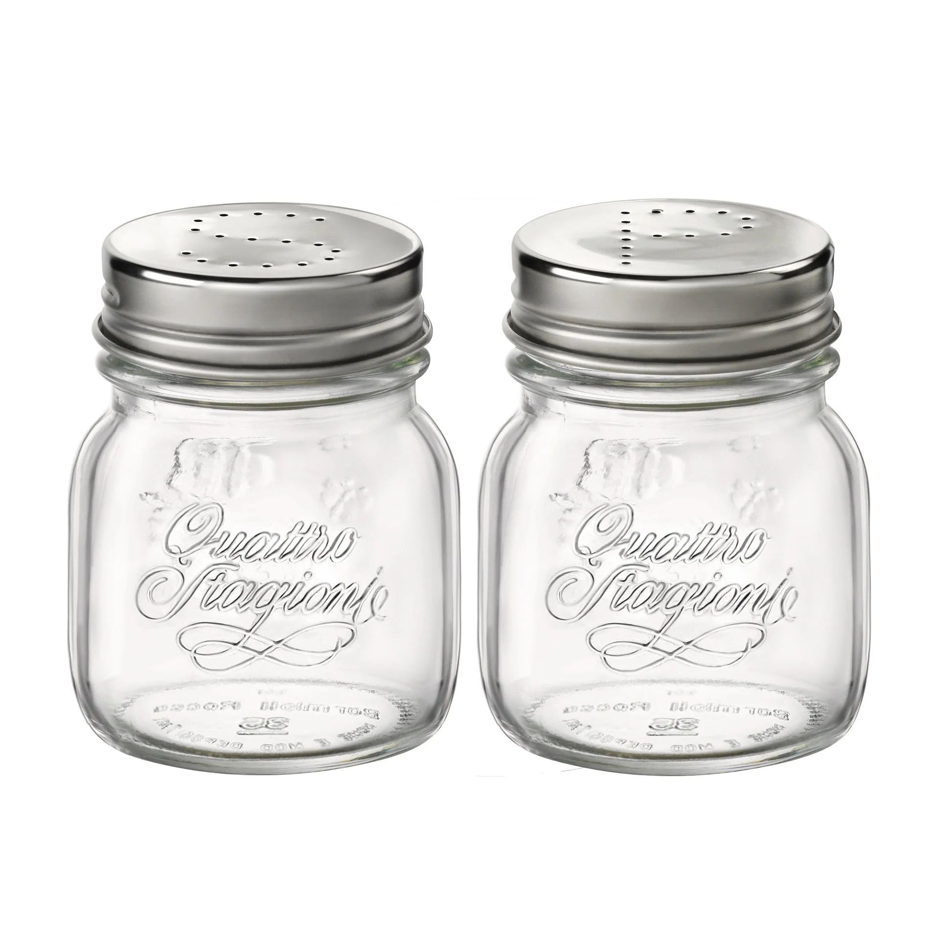 Bormioli Rocco Quattro Stagioni Jar with Salt & Pepper Stainless Lid-Sleeve of 2, Set of 12, 5 oz, Clear